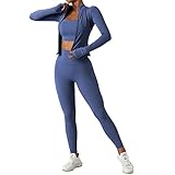 CNASA 3-teiliges Damen Fitness-Set, Eng anliegende langärmelige elastische Yoga Sportbekleidung, Atmungsaktiv und Schnell...