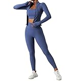 CNASA 3-teiliges Damen Fitness-Set, Eng anliegende langärmelige elastische Yoga Sportbekleidung, Atmungsaktiv und Schnell...
