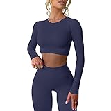 Mayround Workout Outfits für Frauen 2 Stück Gerippte Langarm Crop Top mit hoher Taille Yoga Leggings Sets(Blau,S)
