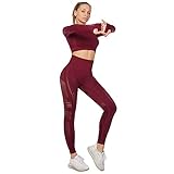 Jamron Damen Stretch Yoga Kleidung Set Crop Top+Leggings 2PCS Trainingsanzug Gym Fitness Activewear SN05405 Burgund L