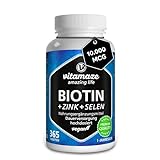 Biotin hochdosiert 10.000 mcg + Selen + Zink für Haarwuchs, Haut & Nägel, 365 vegane Tabletten für 1 Jahr, Nahrungsergänzung...