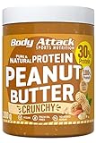 Body Attack Protein Peanut Butter, 1kg, Crunchy, Vegan, Natürliche Erdnussbutter ohne Salz & Palmfett - Low Sugar Erdnussmus mit...