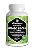 Ginkgo Biloba Kapseln hochdosiert 6000 mg vegan Gingko Biloba Extrakt 50:1, 100 Kapseln für 100 Tage Dauerversorgung,...