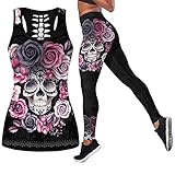 DRZHEAM Damen Casual Sweatsuit Skull Printed Tanktops Yoga Leggings Jogger Set Activewear (A, XL)